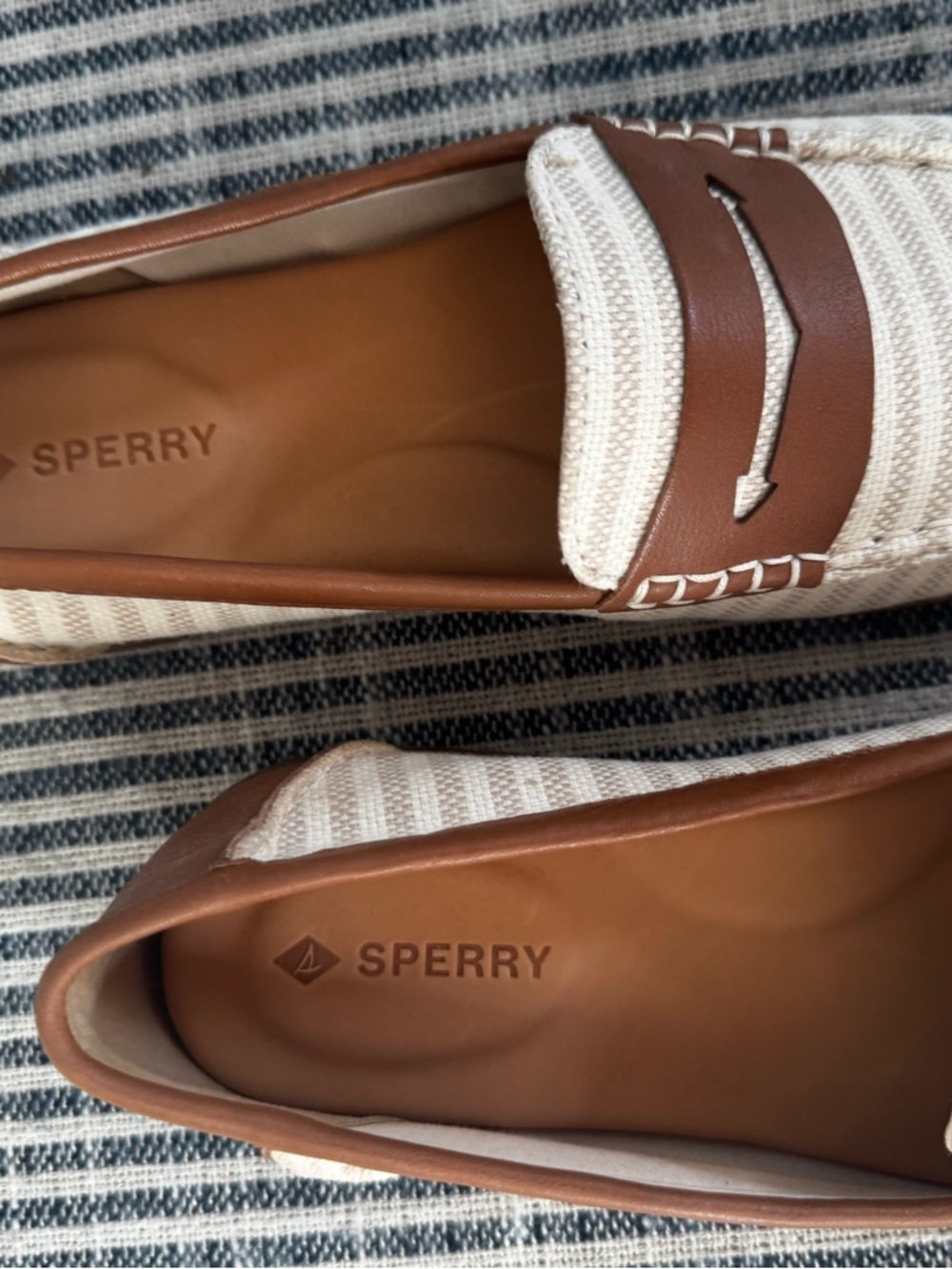 Sperry Seaport Penny Loafers Striped Canvas Tan Leather Size 7 - Picture 6 of 7